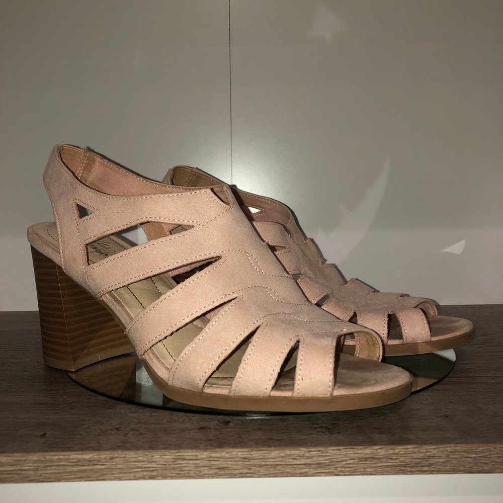 Blush pink peep toe heels